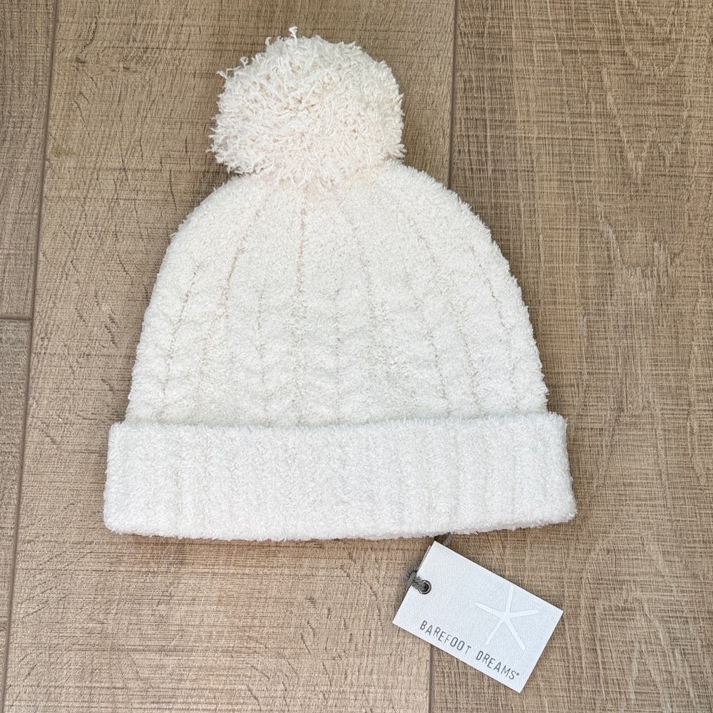 Barefoot Dreams Cream Knit Pom-Pom Hat